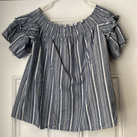 Caslon off the shoulder Striped Linen Blend Top Size Large - Picture 7 of 8